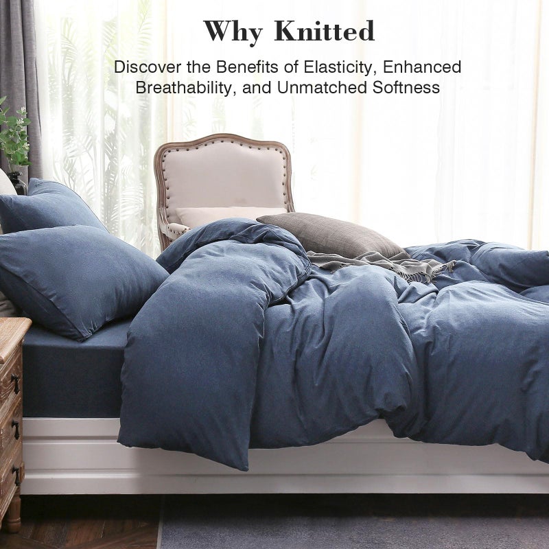 PURE ERA Jersey Knit Duvet Cover Set 100% T-Shirt Cotton Super Soft Comfy 3pc Bedding Set with Zipper Closure (Heather Navy Blue, King) - Image 3